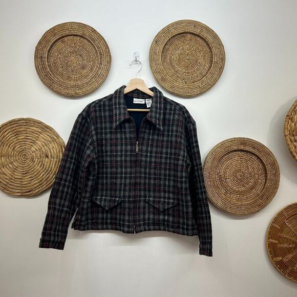 Vintage Y2K 2000s Fashion Bug Plaid Wool Zip Up Collared Cropped Jacket Medium - Picture 2 of 8